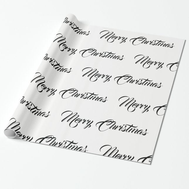 White & Black Merry Christmas Fancy Script Wrapping Paper (Unrolled)