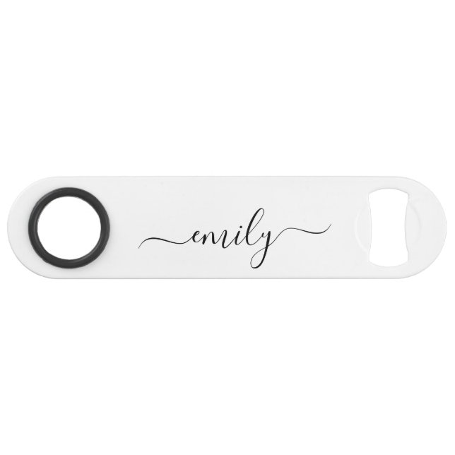 White Black Modern Script Monogram Name Bar Key (Front (Horizontal))