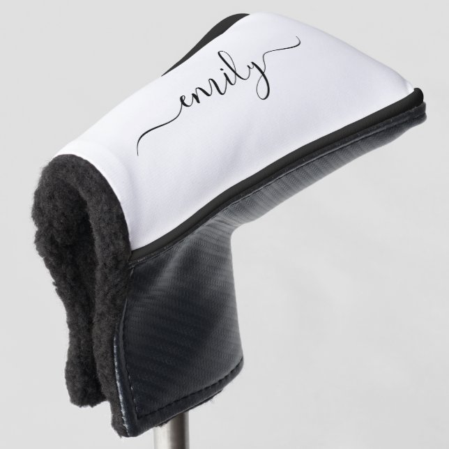 White Black Modern Script Monogram Name Golf Head Cover (3/4 Front)