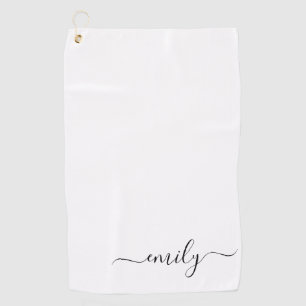White Black Modern Script Monogram Name Golf Towel