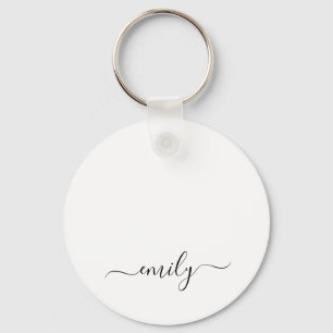 White Black Modern Script Monogram Name Keychain
