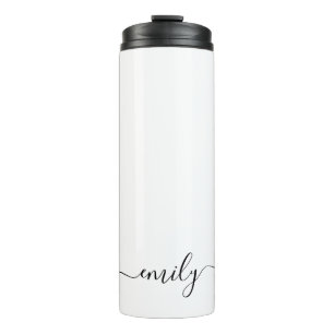 White Black Modern Script Monogram Name Thermal Tumbler