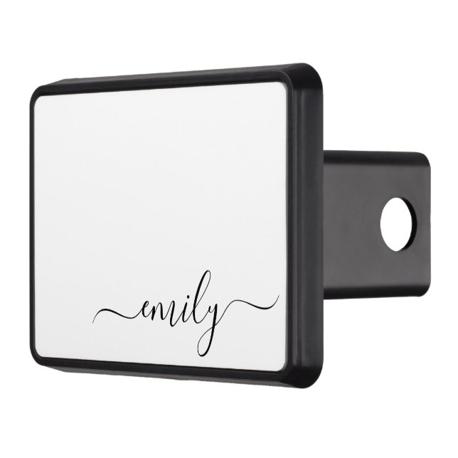 White Black Modern Script Monogram Name Trailer Hitch Cover (Left)