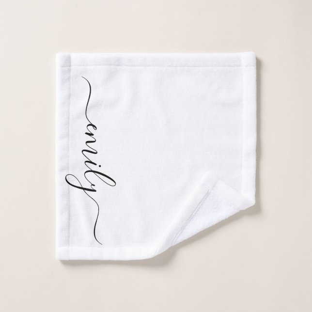 White Black Modern Script Monogram Name Wash Cloth (Wash Cloth)