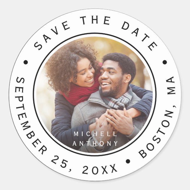 White & Black Modern Wedding Save the Date Photo Classic Round Sticker (Front)