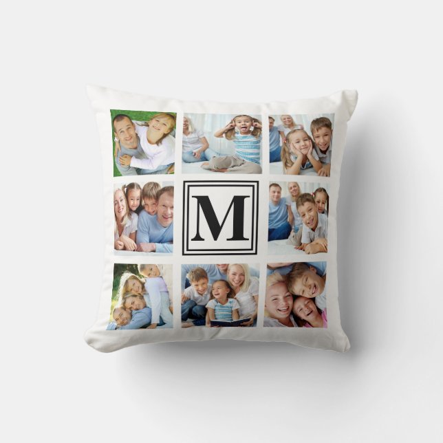 White Black Monogram 8 Multi Photo Collage Throw Pillow (Front)