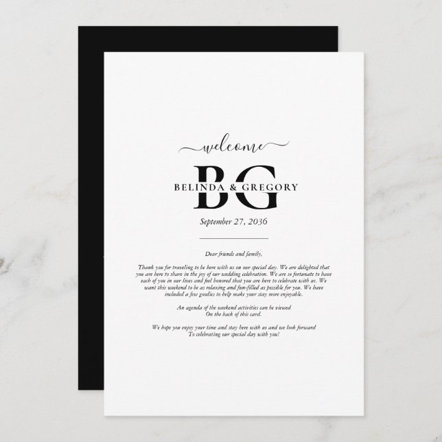 White Black Monogram Initials Wedding  Itinerary Program (Front/Back)