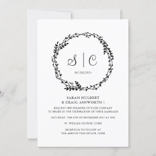 White Black Monograms Floral Botanicals Wreath Invitation