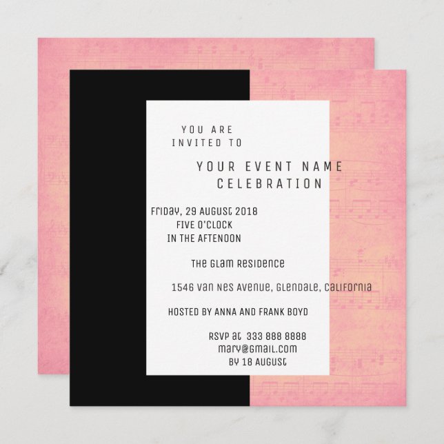 White Black Music Notes Concert Rose Gold Salmon Invitation (Front/Back)
