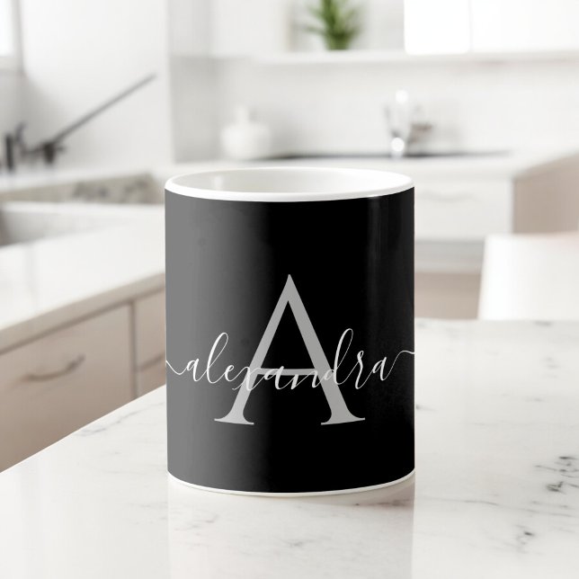 White Black Name Initial Monogram Elegant Script Coffee Mug (Creator Uploaded)