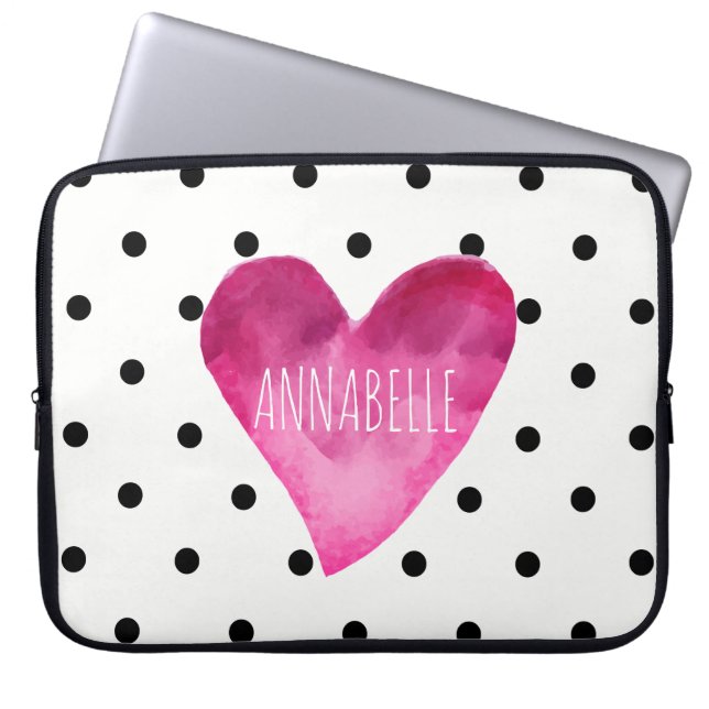 WHITE + Black polka dots Watercolor Heart Monogram Laptop Sleeve (Front)