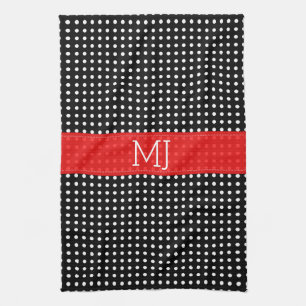 White & Black Polkadot Pattern-Monogram Kitchen Towel