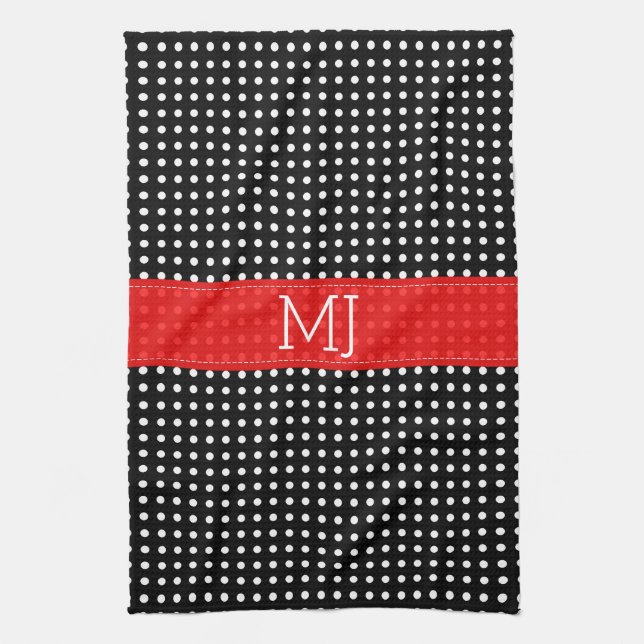 White & Black Polkadot Pattern-Monogram Kitchen Towel (Vertical)