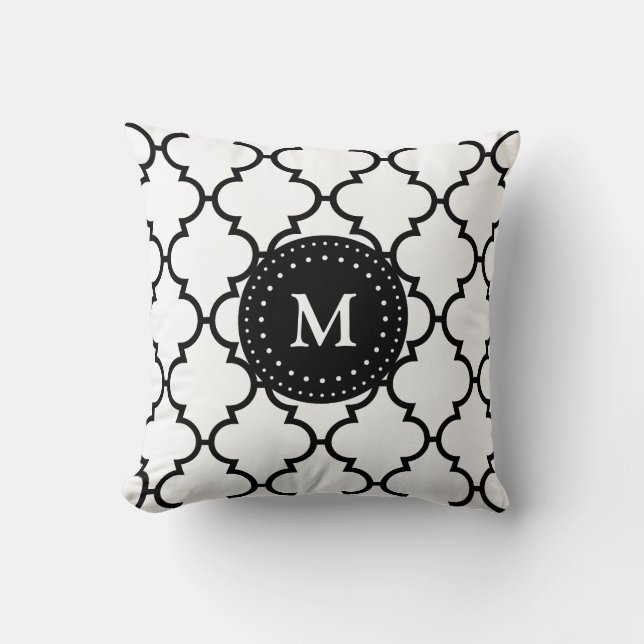 White Black Quatrefoil Pattern Monogrammed Pillow (Front)
