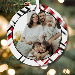White Black Red Plaid Family Photo Metal Ornament