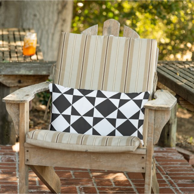 White Black Retro Squares Triangles Pattern Lumbar Pillow (Chair)
