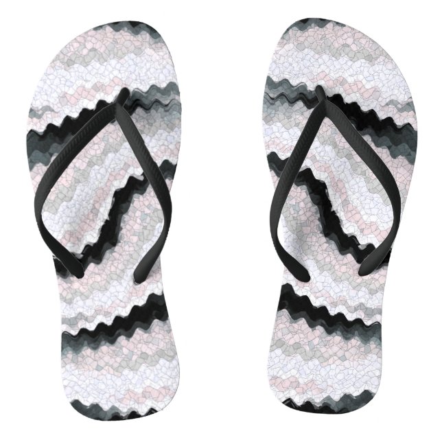White Black Rickrack Wavy Print Flip Flops (Footbed)