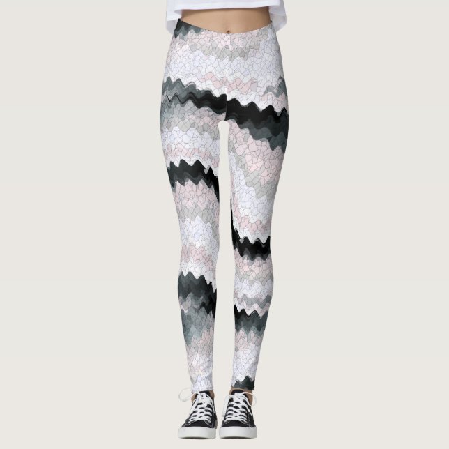 White Black Rickrack Wavy Print Leggings (Front)