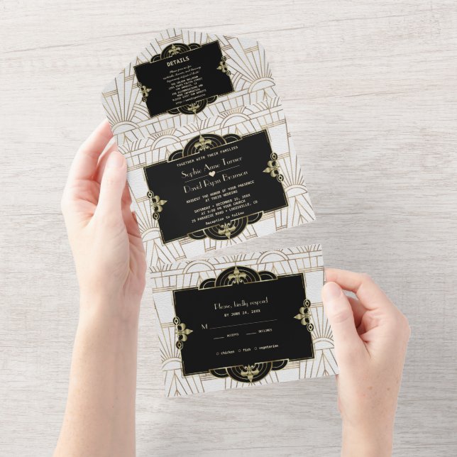 White Black Roaring 20s Gatsby Art Deco Wedding   All In One Invitation (Tearaway)