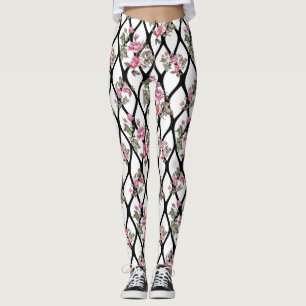 White/Black Rose Design Women's Leggings