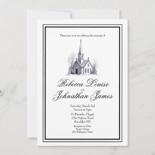 White Black Script Church Chapel Elegant Wedding Invitation