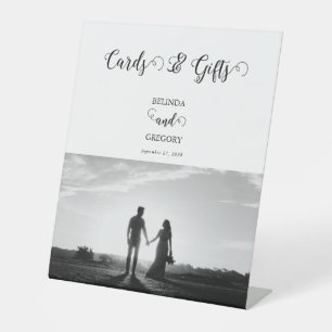 White & Black Script Photo Wedding Cards Gifts Pedestal Sign