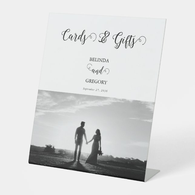 White & Black Script Photo Wedding Cards Gifts Pedestal Sign (Front)