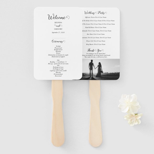 White & Black Script Photo Wedding Program Hand Fan (Front and Back)