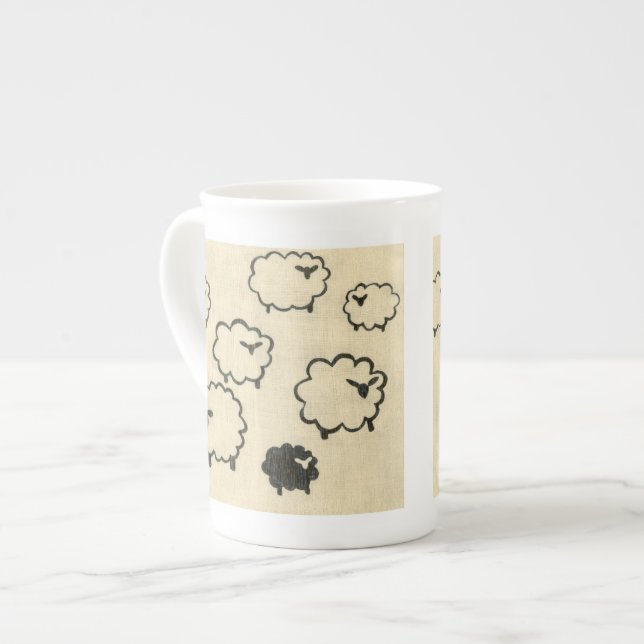 White & Black Sheep on Cream Background Bone China Mug (Front Left)