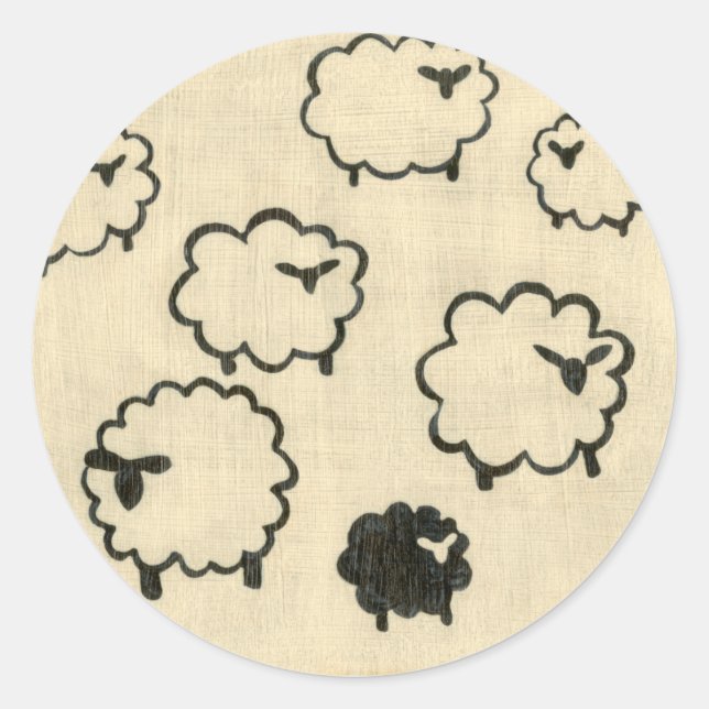 White & Black Sheep on Cream Background Classic Round Sticker (Front)