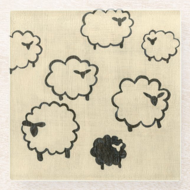 White & Black Sheep on Cream Background Glass Coaster (Front)