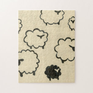 White & Black Sheep on Cream Background Jigsaw Puzzle
