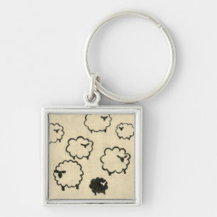 White & Black Sheep on Cream Background Keychain