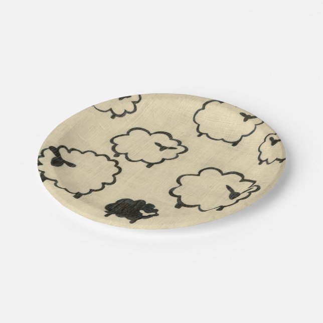 White & Black Sheep on Cream Background Paper Plate (Angled)