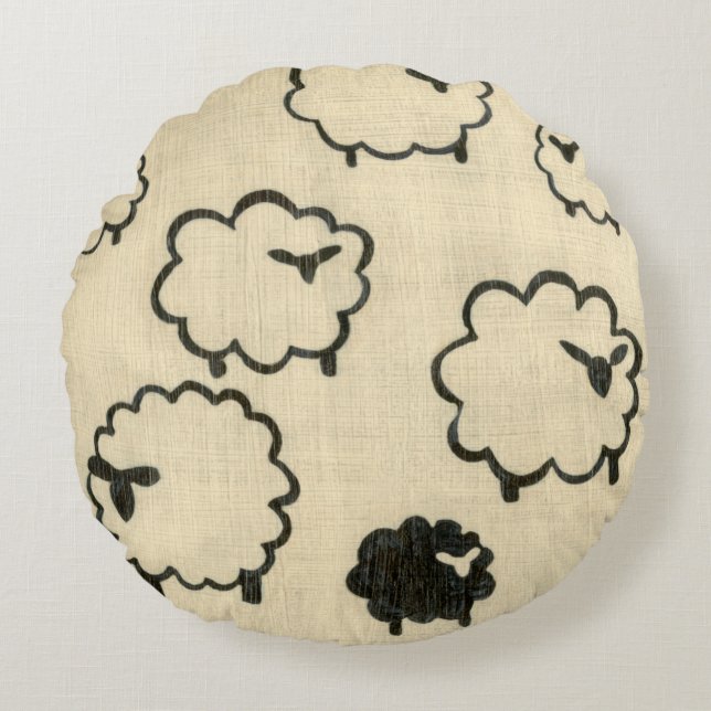 White & Black Sheep on Cream Background Round Pillow (Front)