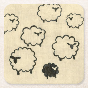 White & Black Sheep on Cream Background Square Paper Coaster