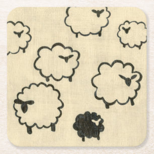 White & Black Sheep on Cream Background Square Paper Coaster