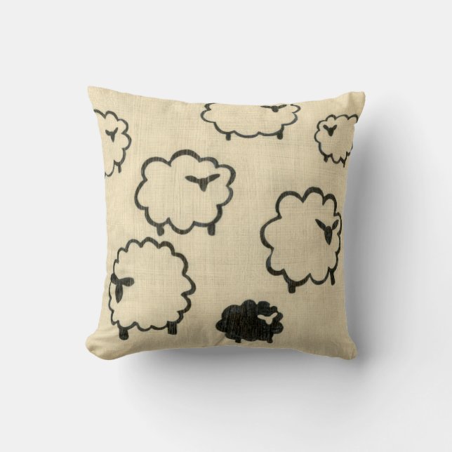White & Black Sheep on Cream Background Throw Pillow (Front)
