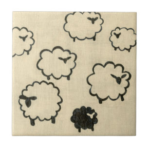 White & Black Sheep on Cream Background Tile