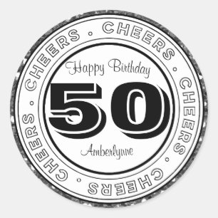 White Black Silver Glitter 50th Birthday Classic Round Sticker