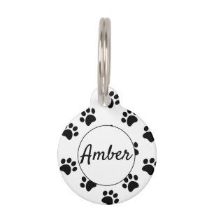 White Black Simple Paw Print Personalized Pet Tag