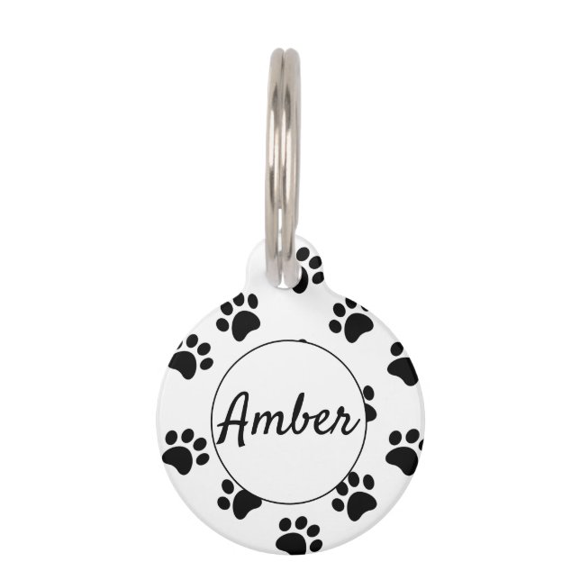 White Black Simple Paw Print Personalized Pet Tag (Front)