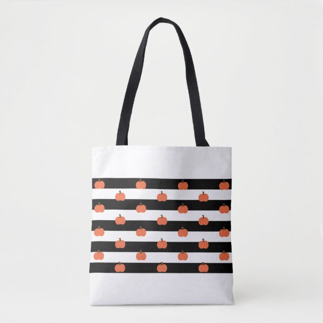White & Black Stripes with Pumpkins - Halloween Tote Bag (Front)