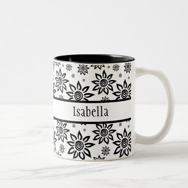 White & Black Sunshiney Graphic Floral Pattern Two-Tone Coffee Mug (Right)