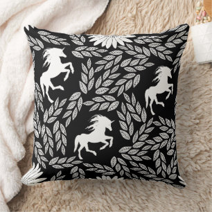 White & Black Trendy Unicorn & Floral Pattern Throw Pillow