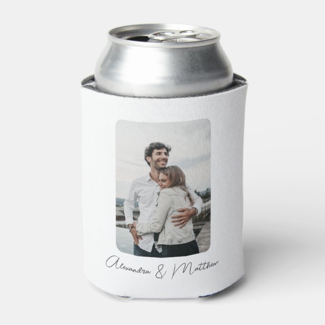 White Black Wedding Calligraphy Personalized Photo Can Cooler (Can Front)