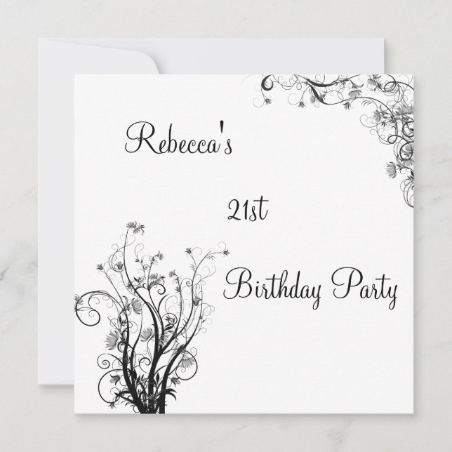 White Black Wispy Floral 21st Birthday Party Invitation (Front)