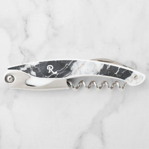 White & BlackFaux Marble Monogram Corkscrew