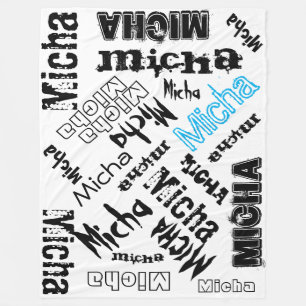 White Blanket Black and Turquise Blue Name Collage