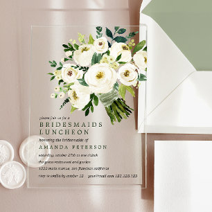 White Bloom Bouquet Bridesmaids Luncheon Acrylic Invitations